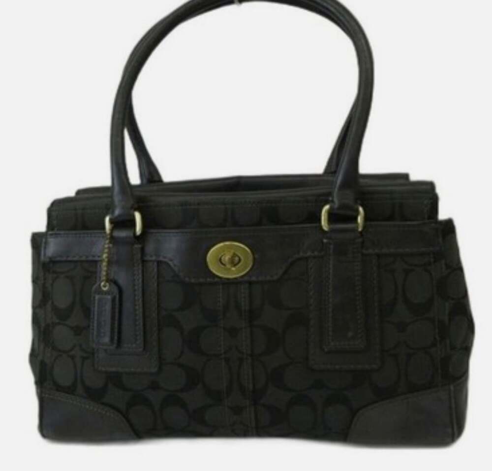 Coach Hampton Signature Carryall Black Jacquard Leather Turnlock Satchel Handbag